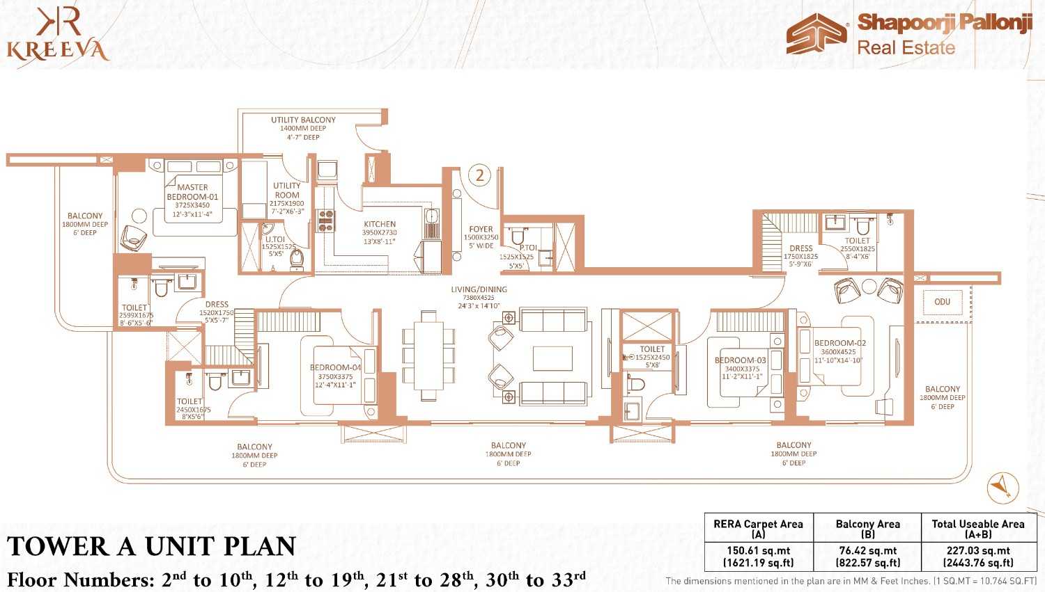 4 BHK Floor Plan with Attached Balconies – The Dualis Sector 46